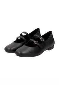 Schwarze Leder-Mary-Jane-Schuhe mit abgerundeten Zehen, zwei Riemenverschlüssen mit kreisförmigen silbernen Akzenten und flachen Sohlen.