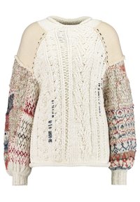 Pletený svetr s krémovým tělem, texturovanými vzory a vícebarevnými vzory na rukávech s žebrovanými manžetami. Viditelné kontrastní švy.