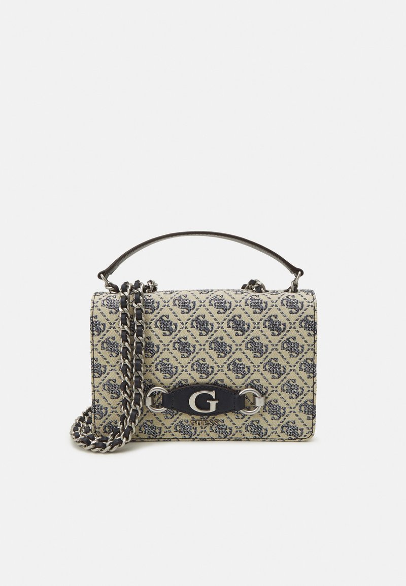 Borsa a tracolla con motivo geometrico beige e navy. Presenta una maniglia superiore, una tracolla a catena e un dettaglio del logo sulla parte anteriore.