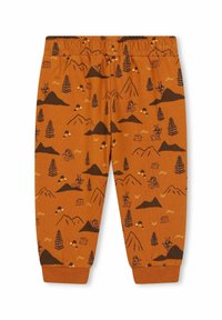 Joggers en coton orange avec un imprimé de forêt et de montagnes en marron foncé, dotés d'une taille élastique et de poignets côtelés.