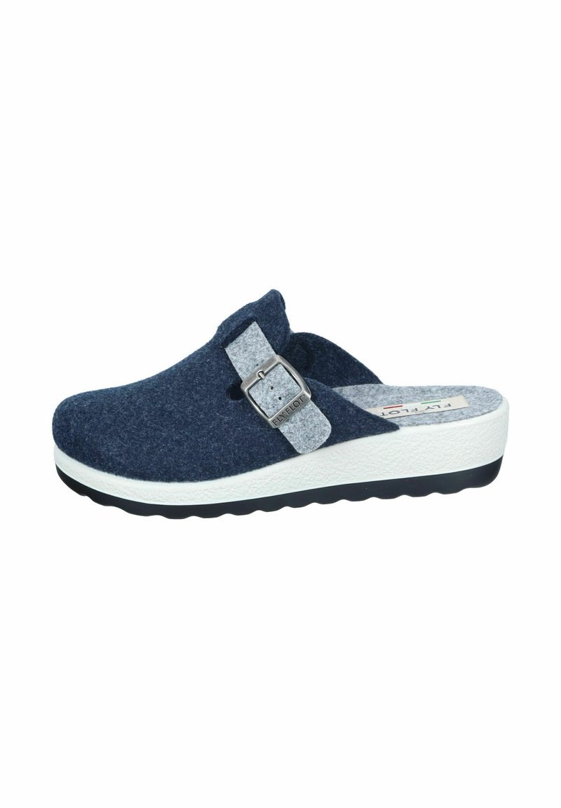 Blue felt clogs with a gray felt strap and metallic buckle. Features a white textured midsole and black outsole. Casual design, open heel.