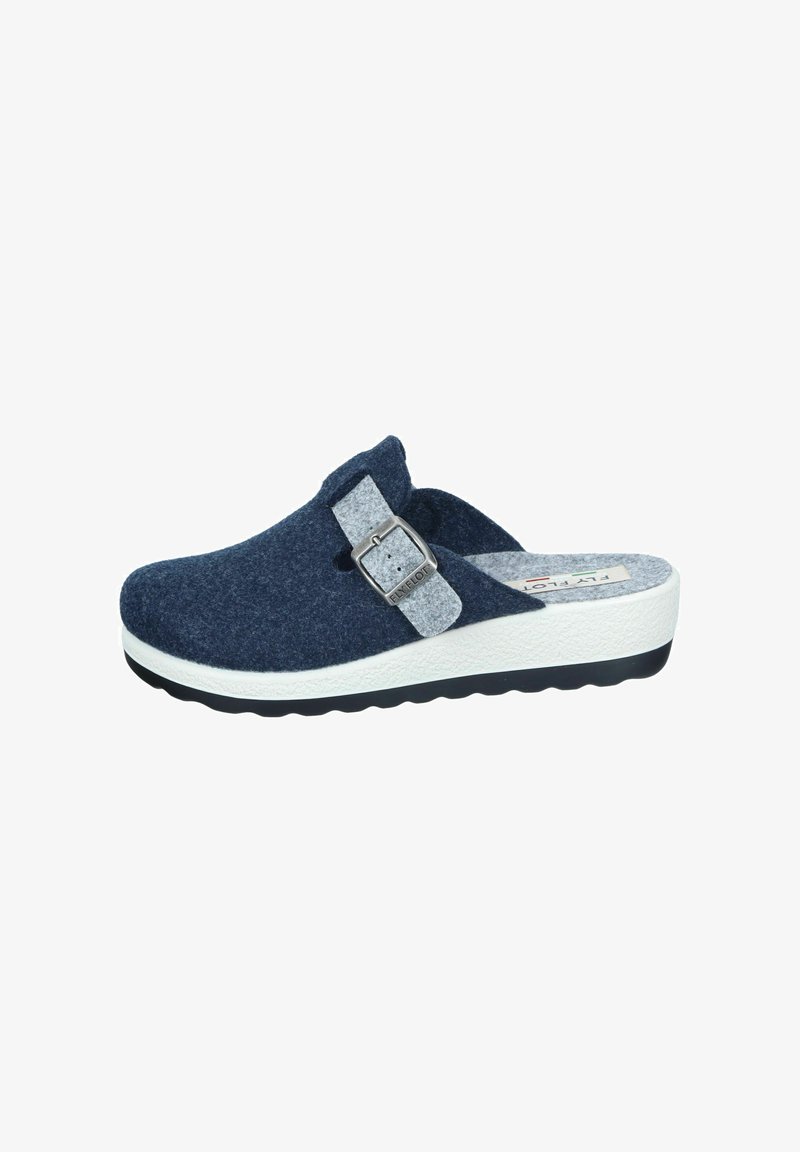 Blue felt clogs with a gray felt strap and metallic buckle. Features a white textured midsole and black outsole. Casual design, open heel.