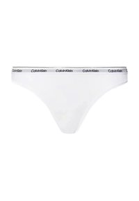 Perizoma bianco in cotone con un sottile elastico nero in vita, caratterizzato da una ripetizione del marchio "Calvin Klein". Texture morbida e design minimalista.