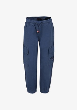 Pantaloni cargo blu navy realizzati in tessuto misto cotone, con due tasche laterali, cintura elastica con cordoncino e dettaglio del logo.