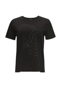 Svart bomull t-shirt med kort ärm, med en subtil upphöjd design i ett abstrakt mönster på framsidan. Klassisk rund halsringning.