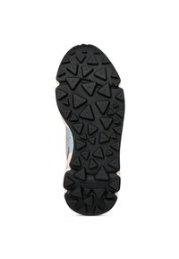 Semelle extérieure en caoutchouc noir avec des motifs de bande de roulement triangulaires ; semelle intermédiaire beige et bleue ; accents latéraux de couleur claire ; surface texturée pour une meilleure adhérence.