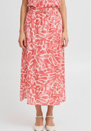 Falda maxi de tejido ligero con un patrón botánico en rojo y blanco, con cintura elástica y detalle de lazo.