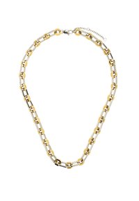 Metalowa naszyjnik z naprzemiennymi złotymi i srebrnymi ogniwami, z mieszanką płaskich i heksagonalnych kształtów, z zapięciem i łańcuszkiem przedłużającym.