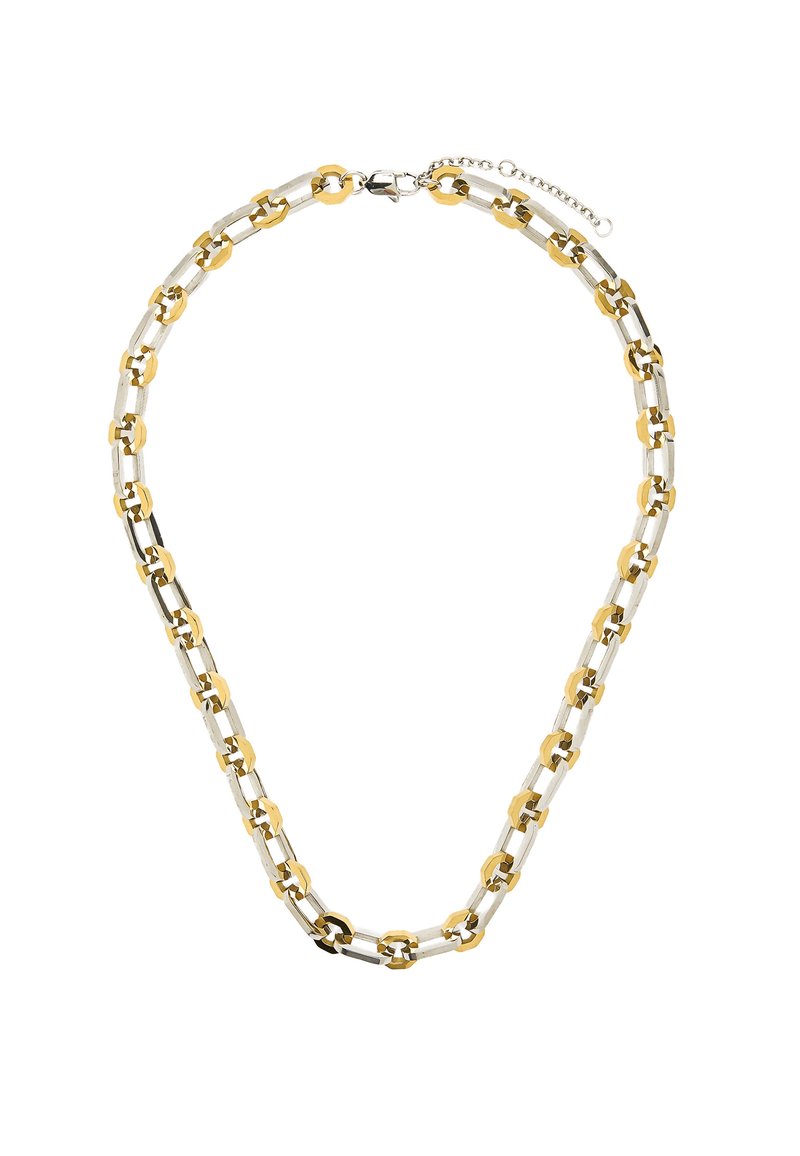 Metalowa naszyjnik z naprzemiennymi złotymi i srebrnymi ogniwami, z mieszanką płaskich i heksagonalnych kształtów, z zapięciem i łańcuszkiem przedłużającym.