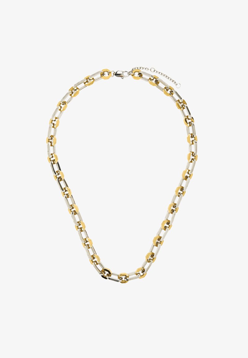 Metalowa naszyjnik z naprzemiennymi złotymi i srebrnymi ogniwami, z mieszanką płaskich i heksagonalnych kształtów, z zapięciem i łańcuszkiem przedłużającym.