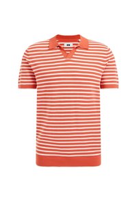 Orangestripes och vit randig kortärmad polotröja, med V-ringning och kontrasterande krage, i en slät stickad textur och ribbad fåll.