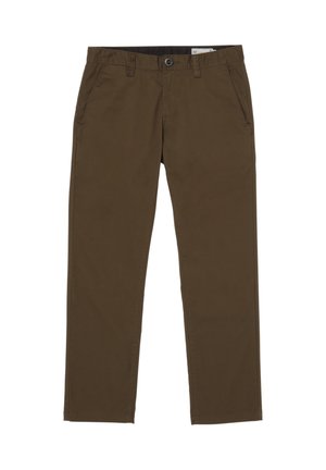 Brune chinos med en glat tekstur, der har lynlåsgylp og frontlommer, samt en lige pasform. Velegnet til afslappet brug.