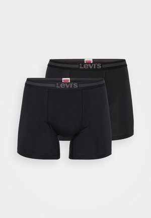 Schwarze Boxershorts aus weichem Stoff mit einem grauen Bündchen, das das "Levi's"-Logo trägt. Zwei Paare übereinander gestapelt mit glatter Textur.