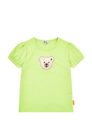Light green cotton T-shirt with puff sleeves, featuring an embroidered bear face in beige and brown at the center.