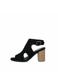 Sandal in pelle scamosciata forata nera con cinturino alla caviglia e tacco a blocco con finitura in legno chiaro texturizzato.