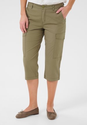 Olive green cargo capris featuring a straight fit, side pockets, and a cropped length, made from lightweight fabric with a smooth texture.