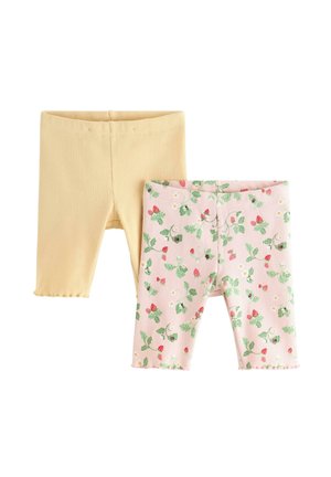 To par ribbede leggings til småbørn, den ene i ensfarvet bleg gul og den anden lyserød med et grønt blad- og rødt bærblomstermønster.