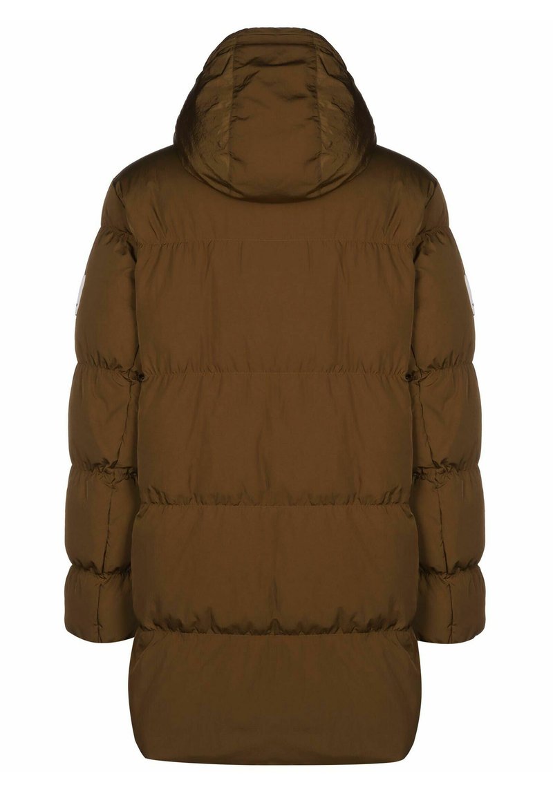 Braune Puffjacke mit Kapuze. Sie verfügt über ein gestepptes Design, eine weiche Textur und elastische Bündchen. Einfache, minimalistische Ästhetik ohne sichtbare Beschläge.