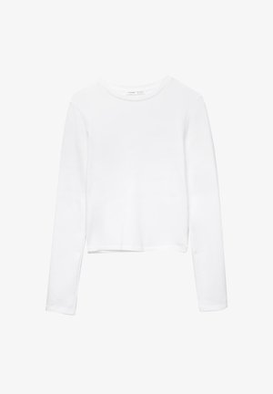 Biała, krótka koszula z długim rękawem, wykonana z miękkiego materiału, z okrągłym dekoltem i prostym, bezszwowym krojem, bez ozdób.