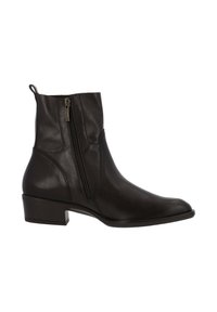 Botines de cuero negros cuentan con una cremallera lateral, tacón bajo y acabado suave con costuras tono sobre tono y un diseño de punta redonda.