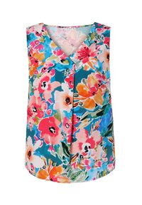 Haut sans manches à imprimé floral avec un décolleté en V. Tissu léger aux couleurs vives comprenant des motifs floraux bleu, rose, pêche et vert.