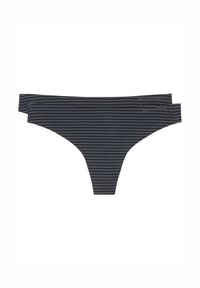 Bas de bikini rayé en tissu gris foncé, offrant une coupe taille basse, une texture douce et des coutures minimales. Logo imprimé sur la bande.