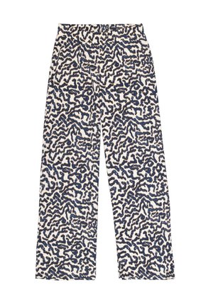 Wijde broek met een crèmekleurige basis en een blauwbruine abstracte print. Zachte stof met een elastische tailleband.