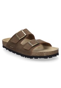 Sandale à glissière en suède marron avec deux boucles réglables, semelle en liège, semelle en caoutchouc noir texturé et détails de couture minimalistes.