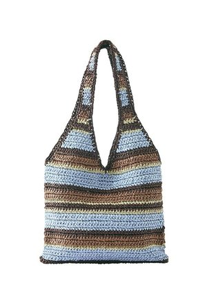 Sac fourre-tout au crochet avec de larges bretelles à rayures horizontales marron, bleu clair, marron foncé et beige.