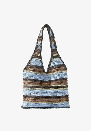 Sac fourre-tout au crochet avec de larges bretelles à rayures horizontales marron, bleu clair, marron foncé et beige.
