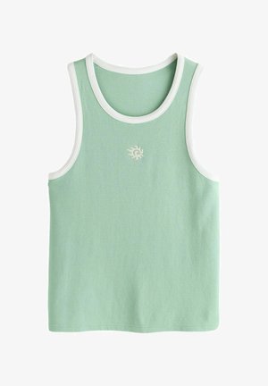 Débardeur vert clair sans manches avec bordure blanche et petit emblème blanc en forme de soleil centré sur la poitrine.