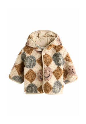 Peuter fleecejack met capuchon, patroon van beige, bruin en grijze diamantvormen en ontwerpen met lachende gezichten, zachte gestructureerde stof en sluiting aan de voorkant.