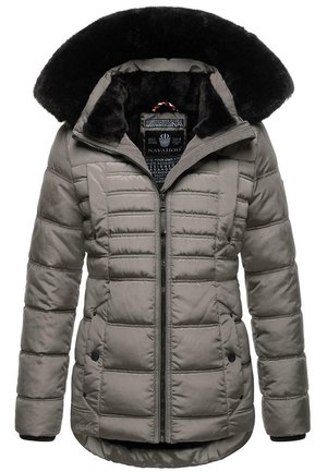 Padded gray jacket with a faux fur collar, zip closure, ribbed cuffs, and side pockets. Features horizontal quilting for insulation.