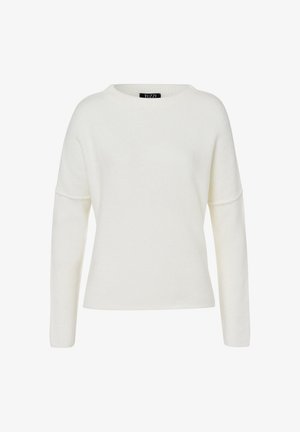 Weißer, strukturierter Pullover mit rundem Ausschnitt und langen Ärmeln. Der Stoff wirkt weich und leicht flauschig und besitzt abgesenkte Schulternähte.