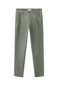 Světlé zelené chino kalhoty s rovnými nohavicemi, předními šikmými kapsami, poutky na pásek a zapínáním na knoflík pro bezpečné a funkční nošení.