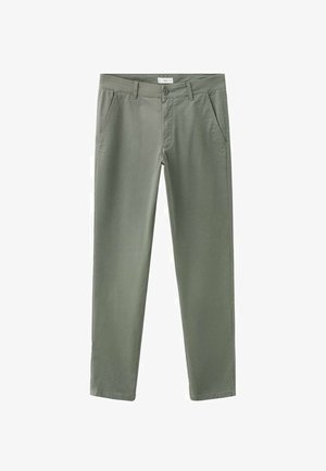 Lichtgroene chinos met een rechte pijp, schuine steekzakken aan de voorkant, riemlussen en een knoopsluiting voor een veilige pasvorm en functionaliteit.