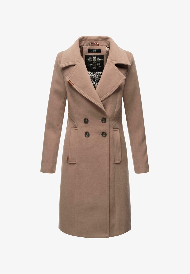 Beige wool-blend coat with a double-breasted design, large lapels, two front pockets, and a patterned inner lining. Two dark buttons feature.