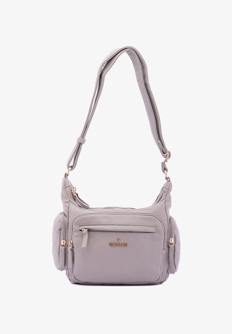 Borsa a tracolla grigia realizzata in materiale testurizzato, caratterizzata da molteplici tasche con zip e una lunga tracolla regolabile. Accenti in oro.