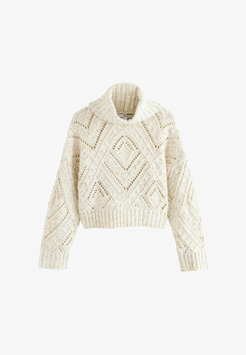 Maglione accorciato color crema con un alto colletto a coste. Presenta un intricato motivo a merletto a rombi e polsini e orlo a coste.