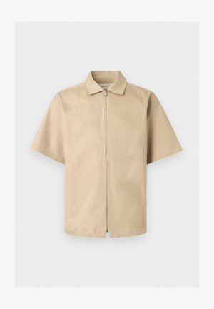 Beige short-sleeve jacket with a collar and front zipper on a plain light background.