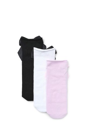Tre paia di calzini in nero, bianco e rosa chiaro, realizzati in morbido cotone e con eleganti fiocchi di satin sulla parte superiore.