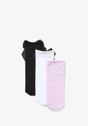 Tre paia di calzini in nero, bianco e rosa chiaro, realizzati in morbido cotone e con eleganti fiocchi di satin sulla parte superiore.