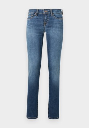 Blue denim jeans with a straight-leg cut, featuring a light fade, five pockets, and a single button closure at the waist.