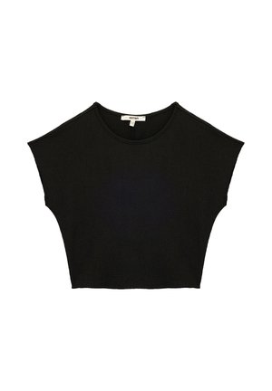 Czarny krótki crop top z okrągłym dekoltem i szerokim projektem ramion, pokazany na płasko na białym tle.