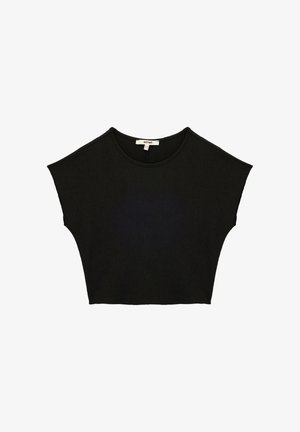 Top nero crop a maniche corte con scollo rotondo e spalle larghe, mostrato disteso su sfondo bianco.