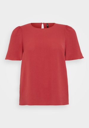 Red short-sleeve top with a round neck and keyhole back detail. Features a textured fabric and a relaxed fit, suitable for casual wear.