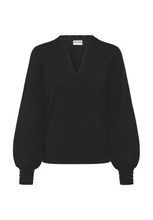 Melns džemperis ar V veida izgriezumu, garām uzpūstām piedurknēm un ribotām aprocēm. Izgatavots no faktūras auduma ar brīvu piegulumu visā.