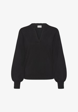 Melns džemperis ar V veida izgriezumu, garām uzpūstām piedurknēm un ribotām aprocēm. Izgatavots no faktūras auduma ar brīvu piegulumu visā.
