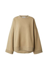 Beige sweatshirt gemaakt van zachte stof, met een losse pasvorm, verlaagde schouders en een geribbelde halslijn en manchetten. Eenvoudig, minimalistisch ontwerp.