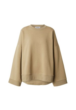 Beige sweatshirt gemaakt van zachte stof, met een losse pasvorm, verlaagde schouders en een geribbelde halslijn en manchetten. Eenvoudig, minimalistisch ontwerp.